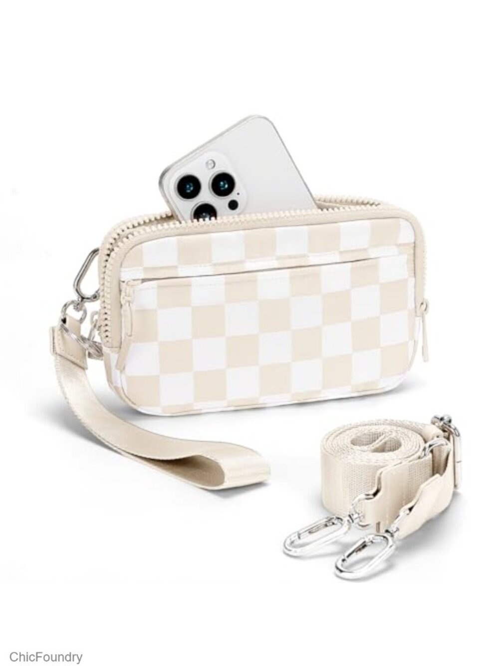 Nylon Checkered Wristlet Wallet Crossbody Bag with ID Window